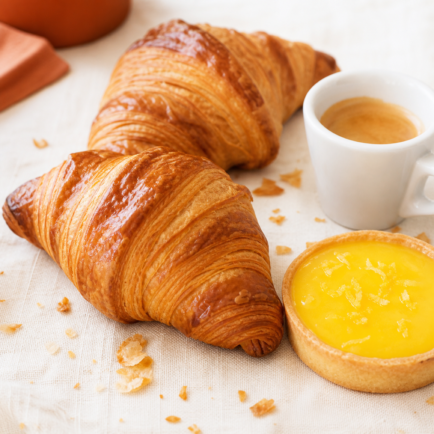 Golden butter croissants, a citrus tart, and an espresso on linen