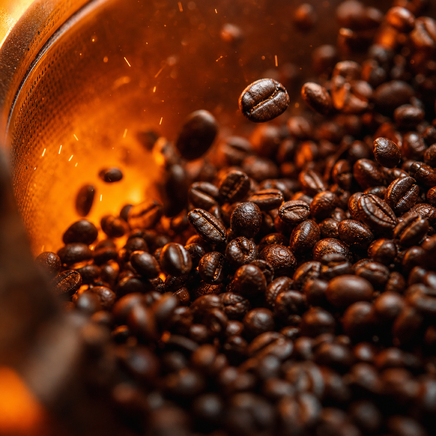 Extreme close-up of coffee beans tumbling and glowing amber inside a roaster drum