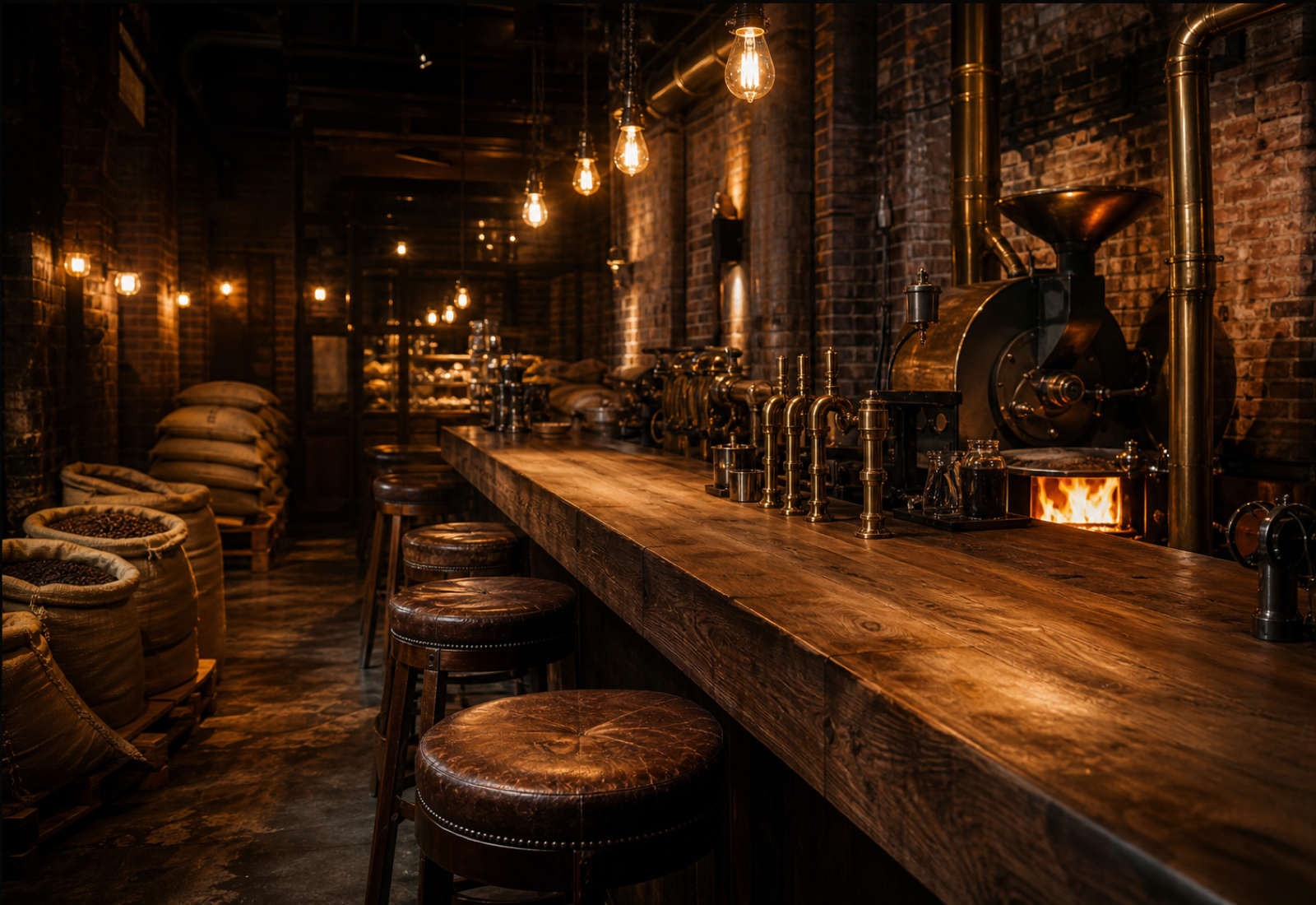 Interior of a warm industrial roastery café: exposed brick, oak counter, leather stools, brass fixtures, Edison lights