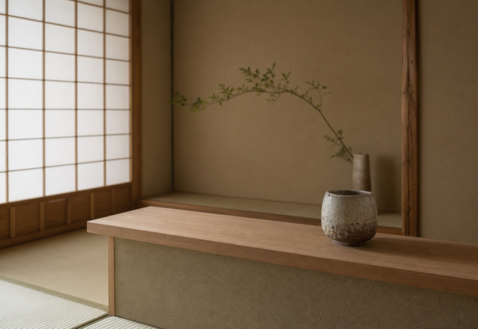 Interior of a quiet Japanese kissaten — warm wood, a low counter, paper screen diffusing soft light.